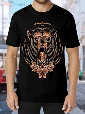 Men's Black Short-Sleeve Tee with Roaring Bear Graphic